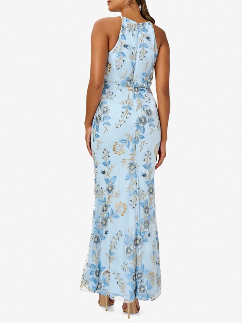 Adrianna Papell Light Blue and Gold Floral Halter Maxi Dress - Size 14 - Picture 2 of 14